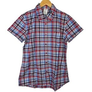 TYR Womens Plaid Button Down Shirt Short‎ Sleeve Red Blue White Size S